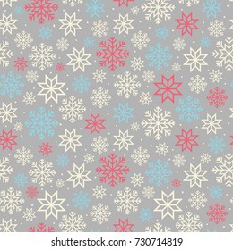 Christmas seamless pattern with snowflakes in scandinavian style. Xmas and new year snowfall background. Vector ice crystals