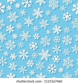 Christmas seamless pattern of snowflakes with shadows, white on light blue background