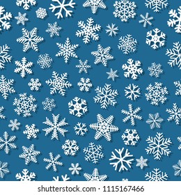 Christmas seamless pattern of snowflakes with shadows, white on light blue background