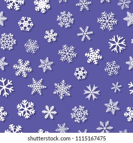 Christmas seamless pattern of snowflakes with shadows, white on purple background