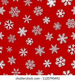 Christmas seamless pattern of snowflakes with shadows, white on red background