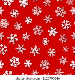 Christmas seamless pattern of snowflakes with shadows, white on red background