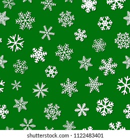 Christmas seamless pattern of snowflakes with shadows, white on green background