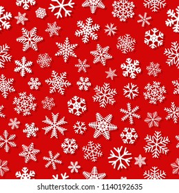 Christmas seamless pattern of snowflakes with shadows, white on red background