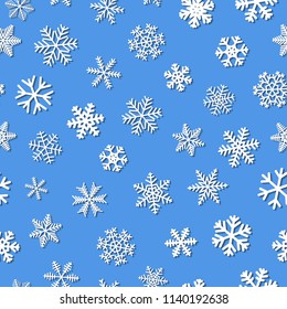 Christmas seamless pattern of snowflakes with shadows, white on light blue background