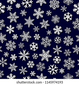 Christmas seamless pattern of snowflakes with shadows, white on dark blue background