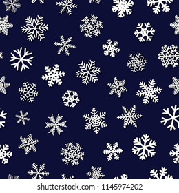 Christmas seamless pattern of snowflakes with shadows, white on dark blue background