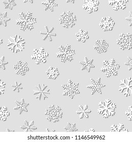 Christmas seamless pattern of snowflakes with shadows, white on gray background