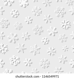 Christmas seamless pattern of snowflakes with shadows, white on light gray background