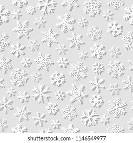 Christmas seamless pattern of snowflakes with shadows, white on light gray background
