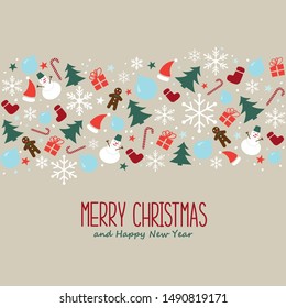 Christmas seamless pattern with snowflakes, snowman and christmas decoration. Happy New Year multicolored background. Vector template for greeting card.