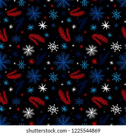 Christmas seamless pattern of snowflakes spruce twigs vector illustration silhouettes