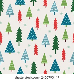 Christmas seamless pattern with snowflakes and spruce trees on white background. Perfect for wallpaper, gift paper, winter greeting cards. Vector illustration