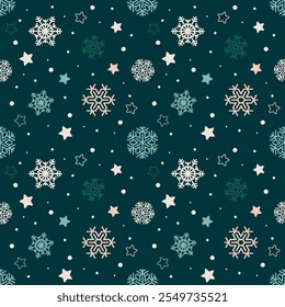 Navidades sin patrón. Navidades copos de nieve y estrella sin patrón. Copo de nieve sobre fondo verde. Fondo de pantalla para textiles, postales, papel de regalo. Ilustración vectorial