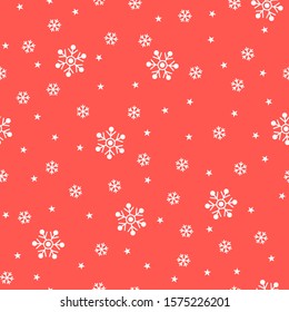 Christmas seamless pattern with snowflakes and stars on red background. Vector illustration. Winter pattern. For web, wallpaper, wrapping paper, scrapbooking, for printing on clothes, textile, package