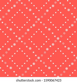 Christmas seamless pattern with snowflakes and stars on red background. Vector illustration. New Year background. For web, wrapping paper, scrapbooking, for printing on textile, crockery, package.