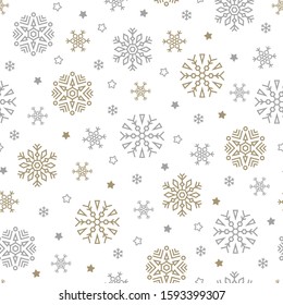 Christmas seamless pattern with snowflakes and stars on white background. Vector illustration. New Year background. For web, wrapping paper, scrapbooking, for printing on textile, crockery, package.