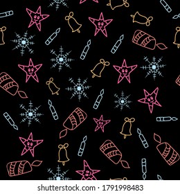 christmas seamless pattern of snowflakes, stars, candle, contour drawings on a black background, stylish festive packaging