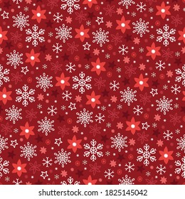 Christmas seamless pattern with snowflakes, stars and flowers on red background. Perfect for winter holidays, New Year, Xmas greeting cards. Vector illustration