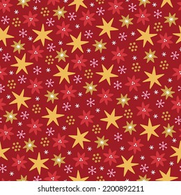 Christmas seamless pattern with snowflakes and stars on dark red background. Perfect for winter greeting card, New Year decoration, wallpaper, wrapping paper, fabric. Vector illustration