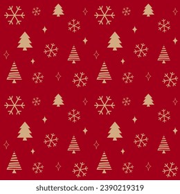 Christmas Seamless pattern of snowflakes and Christmas tree vector in red background 