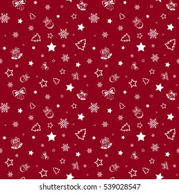 Christmas seamless pattern with snowflakes, Christmas tree, stars, balls, holly and bells on white. Vector illustration. Simple background