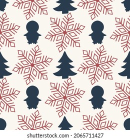 Weihnachten nahtloses Muster mit Schneeflocken, с Weihnachtsbäumen und Pinguinen. Vektornahtloses Muster mit Weihnachtselementen für den Hintergrund.  Ideal für Winterferien, Neujahr, Grußkarten.  
