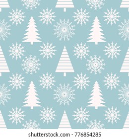 Christmas seamless pattern. Snowflakes, trees. Winter vintage background texture. Wallpaper