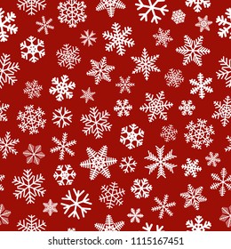 Christmas seamless pattern of snowflakes, white on red background