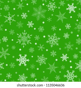 Christmas seamless pattern of snowflakes, white on green background.