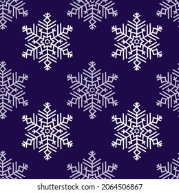 Patrón de copos de nieve sin costuras de Navidad, blanco sobre fondo azul oscuro