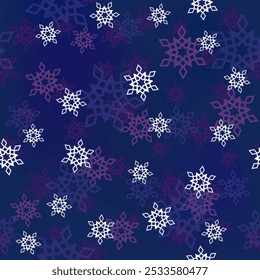 Weihnachten nahtloses Muster mit Schneeflocken. Winterblauer Hintergrund klassischen Stil. Lila-weiße, zufällige Schneeflocken auf dunkelblauem Hintergrund. Weihnachtsstimmung Muster für Dekor, Textilien, Papier, etc.