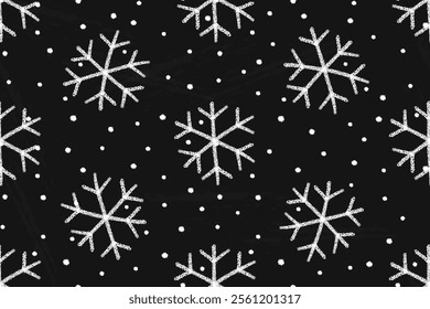Christmas seamless pattern with snowflakes. Winter background drawn with crayon pencil or white chalk on blackboard. Falling snow and frozen crystals with crayon texture, vector illustration