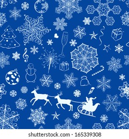 Christmas seamless pattern with snowflakes and xmas symbols on blue background