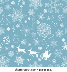 Natal padrão sem emenda com flocos de neve e xmas símbolos no fundo turquesa