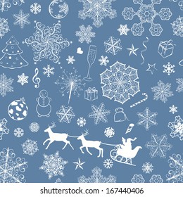 Patrón de Navidad sin fisuras con copos de nieve y símbolos de Navidad en fondo azul oscuro