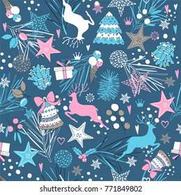 Christmas seamless pattern of snowflakes and Xmas symbols.