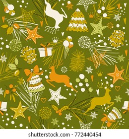 Christmas seamless pattern of snowflakes and Xmas symbols.