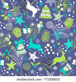 Christmas seamless pattern of snowflakes and Xmas symbols.