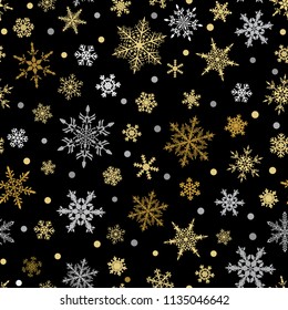 Christmas seamless pattern of snowflakes, yellow and light blue on black background.