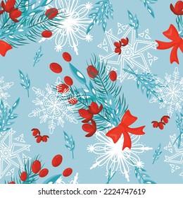 Navidad sin costuras, copos de nieve, bayas amarillas, arco, ramo, hojas, pino, ramas, fondo azul. Diseño de naturaleza vectorial Winter. Para postales, tela, afiche, fondo. Vacaciones de invierno