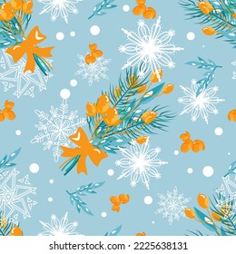 Navidad sin costuras, copos de nieve, bayas amarillas, arco, ramo, hojas, pino, ramas, fondo azul. Diseño de naturaleza vectorial Winter. Para postales, tela, afiche, fondo. Vacaciones de invierno