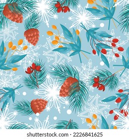 Christmas seamless pattern, snowflakes, yellow berries, cones, bouquet, leaves, pine, branches, blue background. Vector Winter nature design. For postcards, fabric, poster, background. Winter holidays