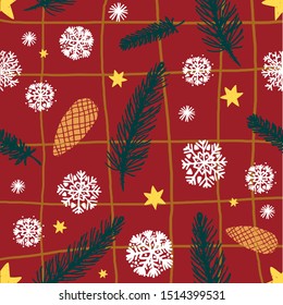 Christmas seamless pattern with snowflakes,spruce, pinecone. Snowflakes seamless pattern for christmas packaging, textiles, fabric wallpaper illustration. Decorative illustration, good for printing.  
