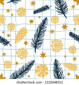 Christmas seamless pattern with snowflakes,spruce, pinecone. Snowflakes seamless pattern for christmas packaging, textiles, fabric wallpaper illustration. Decorative illustration, good for printing.  