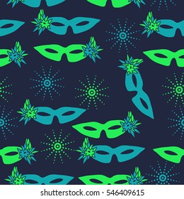 Christmas seamless pattern with snowflakes,venetians mask, halftone. Hand drawn.