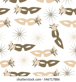 Christmas seamless pattern with snowflakes,venetians mask, halftone. Hand drawn.