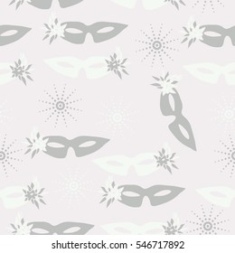 Christmas seamless pattern with snowflakes,venetians mask, halftone. Hand drawn.