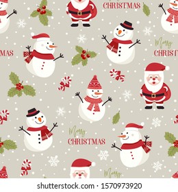 Christmas seamless pattern with snowman background, Winter pattern with holly berries, wrapping paper, pattern fills, winter greetings, web page background, Christmas and New Year greeting cards