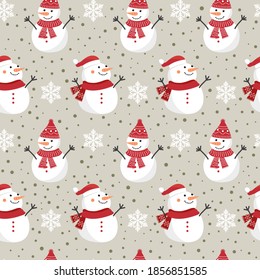 Christmas seamless pattern with snowman background, Winter pattern with snowflakes, wrapping paper, winter greetings, web page background, Christmas and New Year greeting cards